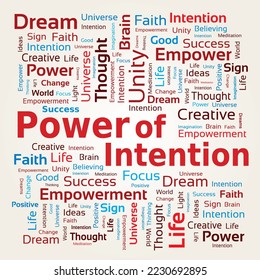 Word Cloud Tag - Power of Intention in Red and Blue Colors Off White Background 