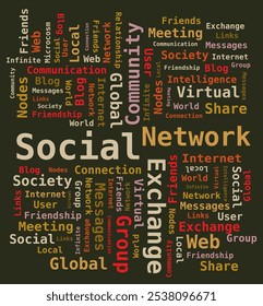 Word Cloud Tag Social Network, Internet, Community Digital Illustration on Dark Background