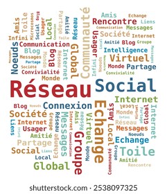 Word Cloud Tag Social Network, Internet, Community Digital Illustration in French Language