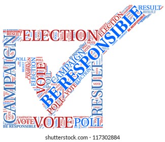 Word cloud, tag cloud text business concept. Voting sign silhouette with the words on the topic of voting, election, poll. Word collage. Vector illustration.