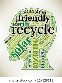 Word cloud, tag cloud text business concept. Recycling head silhouette sign with the words on the topic of recycling, friendly, eco, environment. Word collage. Vector illustration.