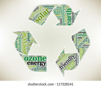 Word cloud, tag cloud text business concept. Recycle silhouette sign with the words on the topic of recycling, friendly, eco, environment. Word collage. Vector illustration.