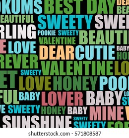 Word cloud or tags backdrop with love typographic. Wallpaper vector pattern or texture for greeting design