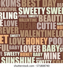 Word cloud or tags backdrop with love typographic. Wallpaper vector pattern or texture for greeting design
