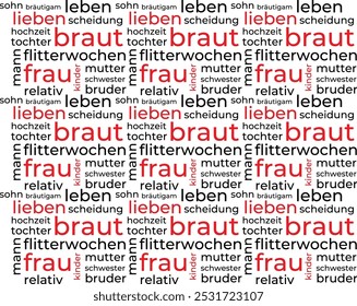 Word cloud template about family in German language. Conceptual vector background. Translation son, groom, life, love, divorce, wedding, bride, honeymoon, woman, husband, relative, sister, mother