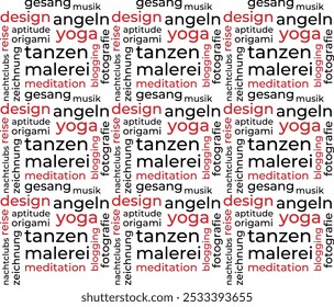 Word Cloud Template über Hobby in deutscher Sprache. Konzeptioneller Vektorhintergrund. Übersetzung singen, musik, design, fischen, fitness, yoga, reisen, tanzen, malen, meditation, zeichnen