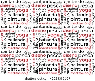 Word Cloud Template über Hobby auf Spanisch. Konzeptioneller Vektorhintergrund. Übersetzung singen, musik, design, fischen, fitness, yoga, reisen, tanzen, malen, meditation, zeichnen