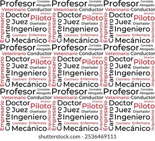 Modelo de nuvem de palavras sobre profissões em espanhol. Plano de fundo vetorial conceitual. Professor de Tradução, Veterinário, Motorista, Doutor, Empresário, Cartaz, Engenheiro, Mecânico, Piloto, Designer