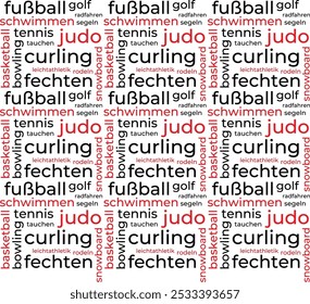 Word cloud template about sport in German language. Conceptual vector background. Translation football, golf, swimming, cycling, sailing, tennis, basketball, bowling, curling, fencing, snowboard