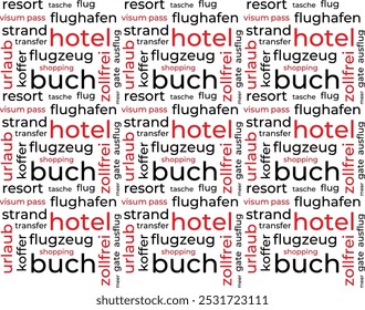 Word Cloud Template über Reisen in deutscher Sprache. Konzeptioneller Vektorhintergrund. Übersetzungszentrum, Tasche, Flug, Visum, Pass, Flughafen, Strand, Hotel, Transfer, Urlaub, Koffer, Flugzeug