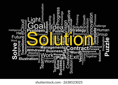 word cloud template Design on black background .Concept of Solution.