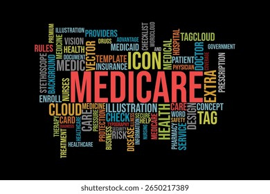 word cloud template Design on black background .Concept of Medicare.