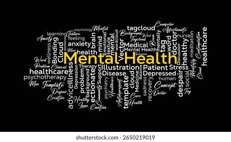Word Cloud Template Design auf schwarzem Hintergrund .Konzept der psychischen Gesundheit.