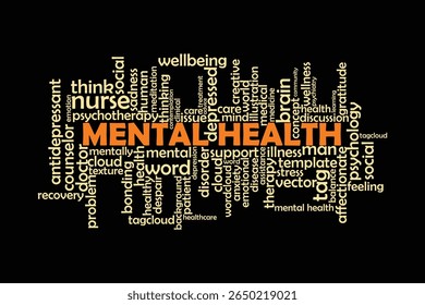 word cloud template Design on black background .Concept of mental health.