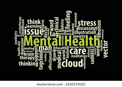 word cloud template Design on black background .Concept of mental health.
