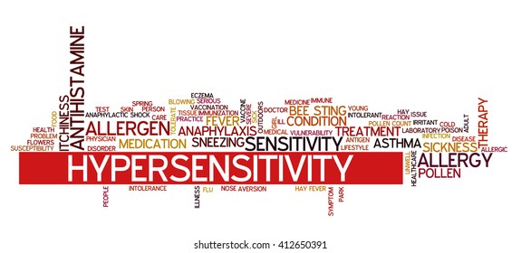 Word cloud with terms related to allergy, hypersensitivity, anaphylactic shock and anaphylaxis management