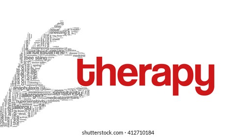 Word cloud with terms related to allergy, hypersensitivity, anaphylactic shock and anaphylaxis management; in shape of a hand holding the "therapy" word