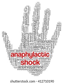 Word cloud with terms related to allergy, hypersensitivity, anaphylactic shock and anaphylaxis management; in shape of a palm with words "anaphylactic shock"