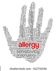 Word cloud with terms related to allergy, hypersensitivity, anaphylactic shock and anaphylaxis management; in shape of a palm with words "allergy"