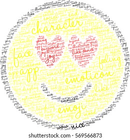 Word cloud with terms related to emoji and emoticons, in the shape of a happy face with hearts, Valentine's Day emoji