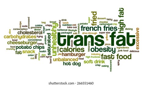 Word cloud with terms related to fast food, trans fat, obesity problem, unhealthy lifestyle, cholesterol problems and bad food: potato chips, french fries, pizza, sugar, fat.