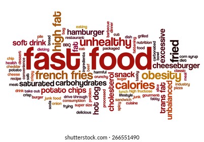 Word cloud with terms related to fast food, trans fat, obesity problem, unhealthy lifestyle, cholesterol problems and bad food: potato chips, french fries, pizza, sugar, fat.