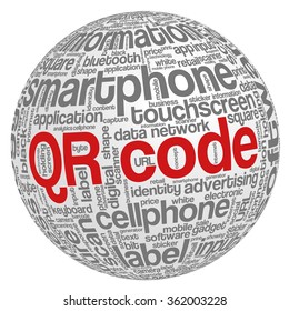Word cloud with terms related to QR code and related technologies, in shape of sphere