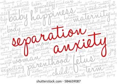 Word cloud with terms related to separation anxiety, motherhood, maternity, pregnancy and giving birth