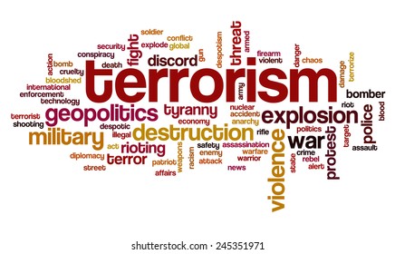Word cloud with terms related to terrorism, terror, hatred, geopolitics, destruction and violence