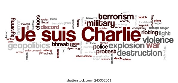 Word cloud with terms related to terrorism, terror, hatred, geopolitics, destruction and violence, with words "Je suis Charlie" emphasized as symbol of fight against terror