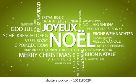 Word cloud with text Merry Christmas in different languages, in the middle one oversized and bold written in French - Shutterstock ID 1061190629