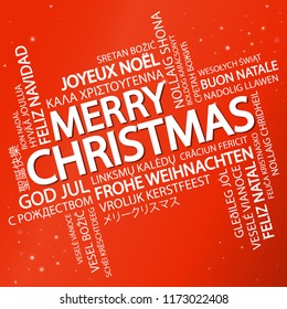 Word cloud with text Merry Christmas in different languages, in the middle one oversized and bold written in English