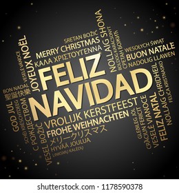 Word cloud with text Merry Christmas in different languages, in the middle one oversized and bold written in Spanish