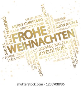 Word cloud with text Merry Christmas in different languages, in the middle one oversized and bold written in German
