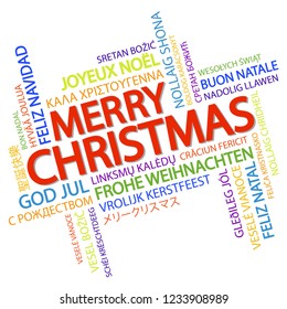 Word cloud with text Merry Christmas in different languages, in the middle one oversized and bold written in English