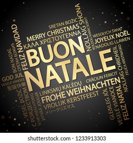 Word cloud with text Merry Christmas in different languages, in the middle one oversized and bold written in Italian