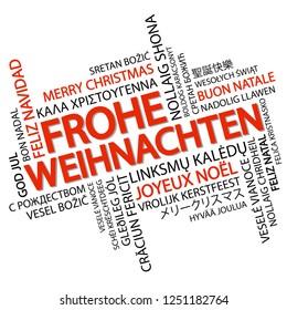 Word cloud with text Merry Christmas in different languages, in the middle one oversized and bold written in German