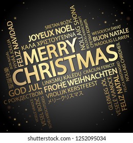 Word cloud with text Merry Christmas in different languages, in the middle one oversized and bold written in English