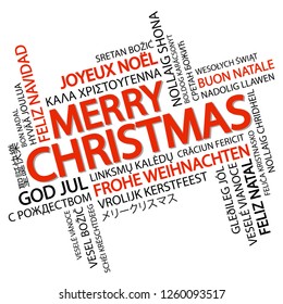 Word cloud with text Merry Christmas in different languages, in the middle one oversized and bold written in English