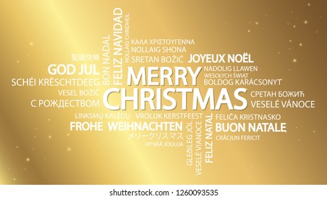 Word cloud with text Merry Christmas in different languages, in the middle one oversized and bold written in English