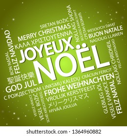 Word cloud with text Merry Christmas in different languages, in the middle one oversized and bold written in French