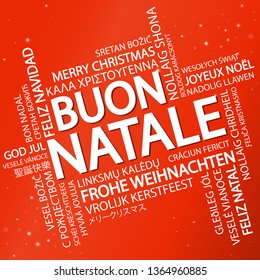 Word cloud with text Merry Christmas in different languages, in the middle one oversized and bold written in Italian