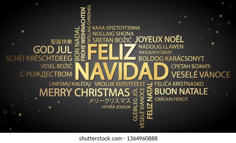 Word cloud with text Merry Christmas in different languages, in the middle one oversized and bold written in Spanish