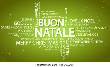 Word cloud with text Merry Christmas in different languages, in the middle one oversized and bold written in Italian