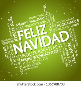 Word cloud with text Merry Christmas in different languages, in the middle one oversized and bold written in Spanish