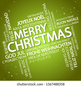 Word cloud with text Merry Christmas in different languages, in the middle one oversized and bold written in English