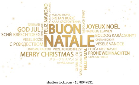 Word cloud with text Merry Christmas in different languages, in the middle one oversized and bold written in Italian