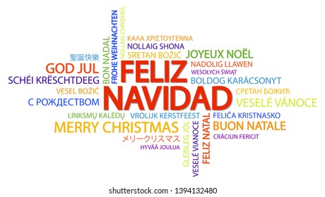 Word cloud with text Merry Christmas in different languages, in the middle one oversized and bold written in Spanish
