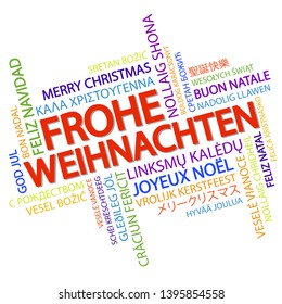 Word cloud with text Merry Christmas in different languages, in the middle one oversized and bold written in German