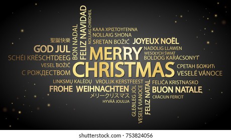 Word cloud with text Merry Christmas in different languages, in the middle one oversized and bold written in English